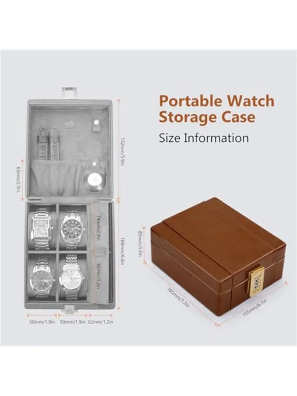Watch Box, 4 Watch Travel Case with Combination Lock - PU Leather